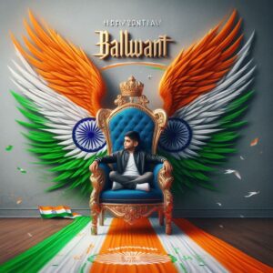 Prompt : Create realistic illusion image A 20 years old boy is sitting on a king chair with indian tricolor wings and behind him the color of the wall is gray on which “Balwant’ is written in golden. and also written ” Happy Independence Day” in clear letter written on small size on bottom