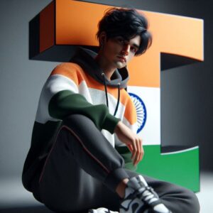 Prompt: The black-haired real Indian 16-year-old boy is wearing a casual outfit including a india flag sweatshirt, jogger pants and sneakers. The man is leaning on a large bright tricolor letter ‘T’, which is black with white accents. The overall color scheme is minimal, focusing on the colors of the tricolor. The scene has a modern and clean aesthetic, with soft darks and subtle shadows.